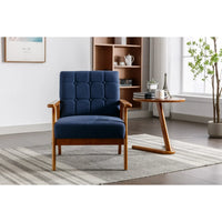 Mid-Century Modern Accent Lounge Chair, Linen Office Reception Chair Wooden Arm Chair, Vintage Tufted Tan Chair Upholstered Retro Sofa Side Sitting Chair for Living Room/Bedroom (Linen-Navy)