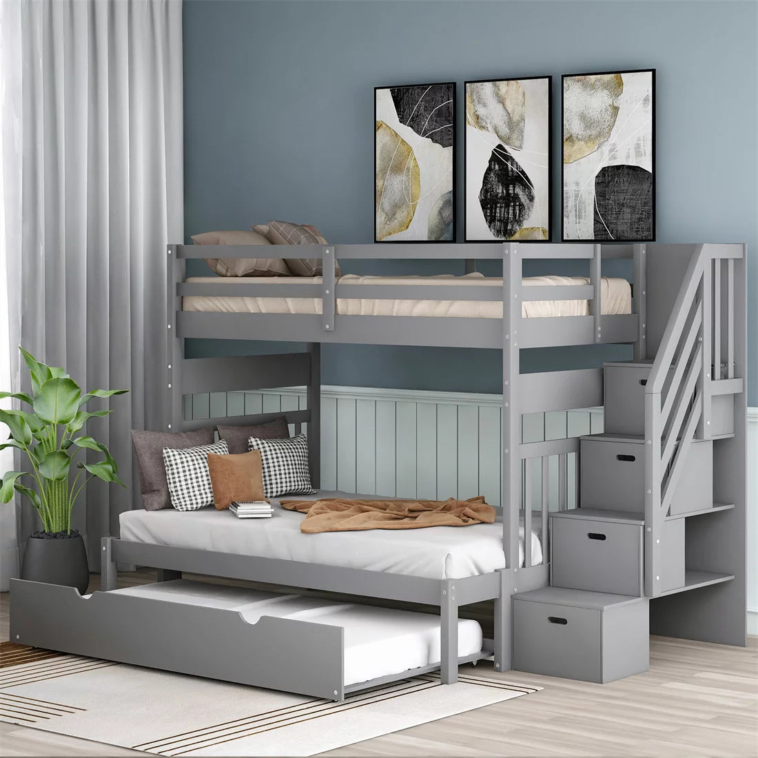 Twin over Twin/Full Bunk Bed with Twin Size Trundle, Wood Bunk Bed Frame with Storage Stairs for Kids Teens Adults, Bunk Bedframe with Safety Guardrails, Convertible to 2 Platform Beds, Gray