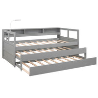 Twin XL Daybed with 2 Trundles, 3 Storage Cubbies, 1 Light for Free and USB Charging, Solid Wood Daybed Frame with Armrests and Slats Support, Dual-use Platform Bed Sofa Bed, No Box Spring Needed Gray