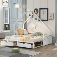 Extending Daybed with Two Drawers, Wooden House Bed with Storage Drawers & Roof, Pull-Out Sofa Bed Platform Bed for Bedroom Living Room, Twin To King Design, No Box Spring Required, White