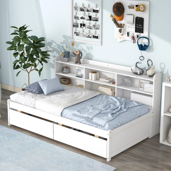 Twin Size Bed Frame with Side Bookcase and 2 Storage Drawers, Platform Bed with Slats Support, Wood Bed Frame for Kids Teens Adults, No Box Spring Needed, White