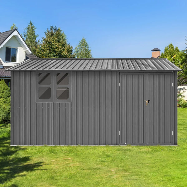 10ftx12ft Storage Shed with Window, Outdoor Storage Sheds with Lockable Doors, Garden Shed with Metal Frame Structure, Tool Sheds for Backyard Garden Patio Lawn, Grey