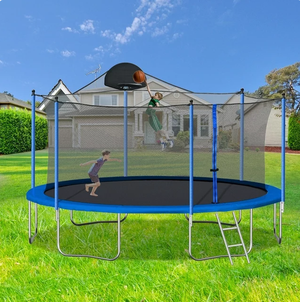 14FT Trampoline with Basketball Hoop, Outdoor Trampoline with Stakes and Ladder, Recreational Trampoline with Safe Enclosure Net, ASTM Approved Outdoor Trampoline for Kids Teens Adults