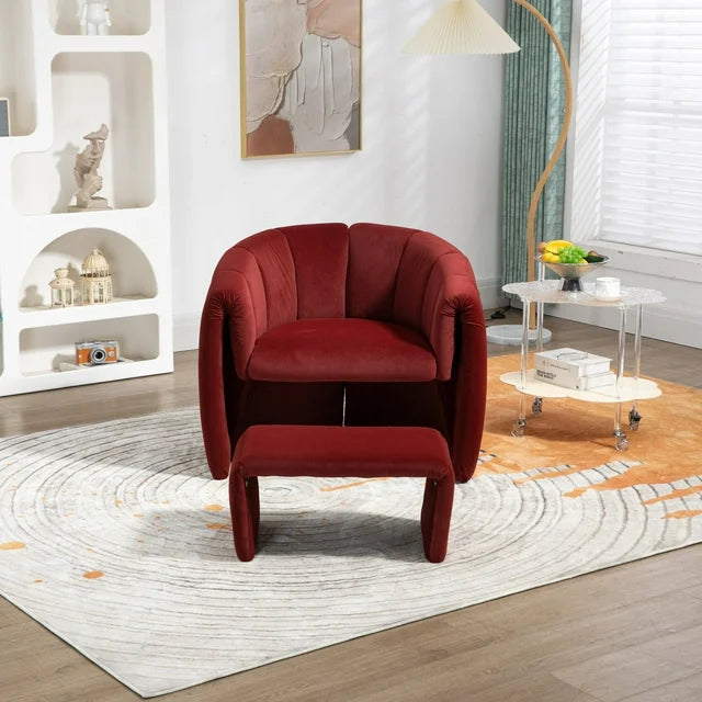 Velvet Accent Chair with Ottoman, Upholstered Barrel Chair Armchair with Footrest Set, Modern Reading Chair Single Sofa Chair for Living Room Reading Nook Apartment, Wine Red