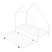 Twin Size House Bed with Trundle, Tent Metal Bed Frame, Floor Play House Bed with Slat, Montessori Beds Metal Canopy Bed Frame, No Box Spring Needed, White