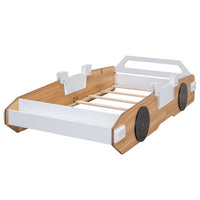 Twin Size Racing Car Shaped Bed,Wood Platform Bed Frame with Door Design and Storage for Kids Boys Girls,Natural+White+Black