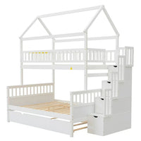 Twin over Full Size House Bunk Bed with Storage Staircase and Trundle, Pine Wood Bed Frame with Full-Length Guardrail, Space- Saving Design, for Kids, Girls, Boys, White