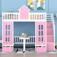 Full Over Full Bunk Bed with Changeable Table & Storage Stairs and 2 Drawers, Separable Bunk Bed Turn into Upper Bed and Down Desk, House Bed for Boys and girls (Pink)