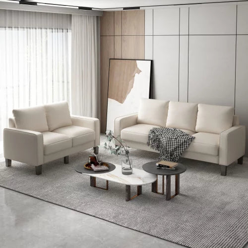 2 Pieces Living Room Sofa Set, Modern Sofa Couch with Loveseat and 3 Seater Sofa, Upholstered Couch Sofa Set for Living Room, Bedroom Office, Beige