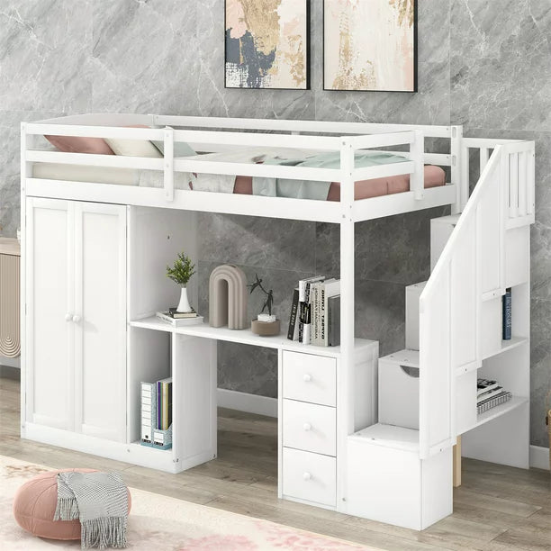 Twin Size Loft Bed with Wardrobe and Staircase, Wood Loft Bed Frame with Desk and Storage Drawers and Cabinet in 1 for Kids Teens Boys Girls Adults, Space Saving Furniture for Bedroom, White