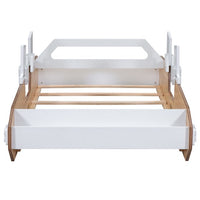 Twin Size Racing Car Shaped Bed,Wood Platform Bed Frame with Door Design and Storage for Kids Boys Girls,Natural+White+Black