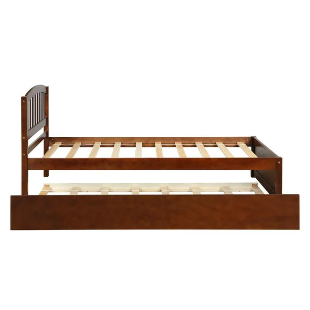 Twin Size Platform Bed Wood Bed Frame with Trundle, Mattress Foundation, Wood Slat Support, No Box Spring Needed, Easy Assembly, Walnut