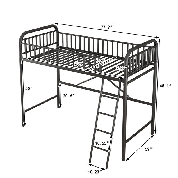 Twin Size Metal Loft Bed, Heavy-Duty Slatted Loft Bed Frame with Integrated Ladders, Space-Saving Bed Frame with Safety Full-Length Guardrails for Kids Teens Adults, No Box Spring Needed, Black