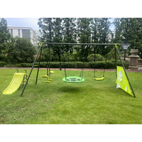 6 In 1 Outdoor Swing Set,Swing Set with Saucer Swing,Belt Swing Seat,Slide,Basketball Hoop and Football Net,Metal Plastic Safe Swing Set for Outdoor Playground Backyard,Green