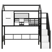 Twin Size Loft Bed with Roof Design and a Storage Box, House-Shaped Metal Loft Bed Frame with Staircase and Full-Length Guardrail, Twin House Loft Bed for Kids Girls and Boys, Easy Assemble, Black