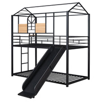 Twin Over Twin Bunk Bed with Roof and Safety Guardrails, House Shaped Bunk Bed Frame with Footboard and Frontboard, Metal Bunk Bed with Staircase and Slat Support for Kids, Teens, Girls, Boys