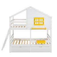 Twin Over Twin House Bunk Bed with 2 Drawers, 1 Storage Box, 1 Shelf, Window and Roof, Wooden Bunk Bed Frame with Ladder and Guardrails, White