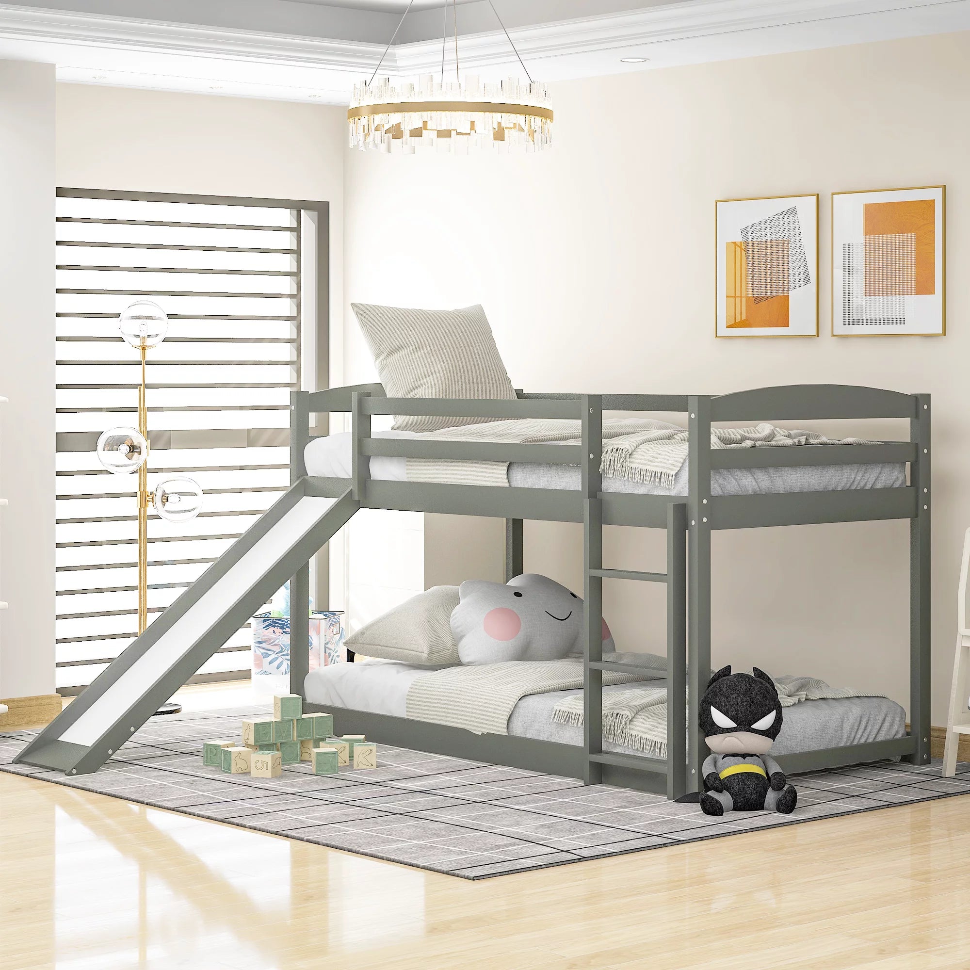 Twin Over Twin Floor Bunk Bed with Convertible Slide and Ladder, Wood Low Bunk Bed Frame for Kids Teens, No Box Spring Required, Gray, 79.2" L x 83.4" W x 49.2" H