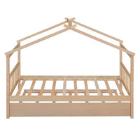 Twin Size House Bed Frame, Wood Platform Bed with Twin Size Trundle, Decorative Canopy Bed Top, Sturdy Frame Wood Legs Supprot, No Box Spring Needed, Natural