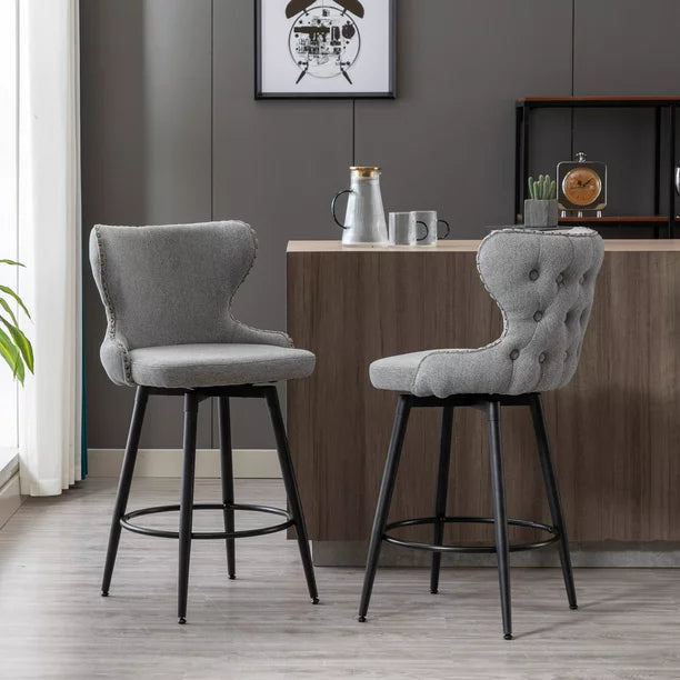 180° Swivel Bar Stools Set of 2, Modern Leathaire Fabric Bar Chairs with Wingback and Footrest, Counter Stool with Nailhead Trim and Metal Base, for Kitchen Island Restaurant Pub Counter, Gray