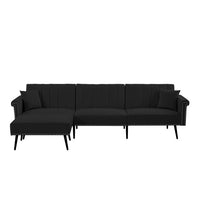Convertible Velvet Futon Sofa Bed, L-Shaped Sectional Sofa Couch with Adjustable Backrest, Removable Ottoman & 2 Toss Pillows, Mid-Century Modern Modular Sofa, Living Room Furniture Set, Black