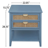 2 Rattan Drawers Nightstand with Non-Slip Foot Pads, American Style Bedside Table with Metal Handle, Boho End Table with Open Shelf for Bedroom, Living Room, 22.05"x15.75"x28.35"H, Blue