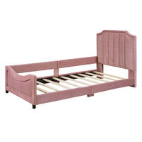 Twin Platform Bed Frame, Fleece Fabric Upholstered Daybed with Classic Stripe Shaped Headboard and Nail Head Trims, Aesthetic Sofa Bed Frame for Girls Boys, Pink