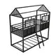 Twin over Twin Bunk Bed,Metal Low Bunk Bed Frame with Roof and Fence-shaped Guardrail,House Bunk Bed for Boys and Girls,Space Saving, Black