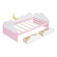 Twin Size Daybed with 2 Storage Drawers,Wood Platform Bed with Clouds and Crescent Moon Decor,Twin Bed Frame for Kids Girls Boys,White+Pink