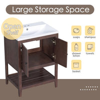 24" Bathroom Vanity,Wood Cabinet Basin Vessel and Sink Set,Ceramic Sink with Pre-Drilled Fauce Holes,Freestanding Storage Cabinet with Doors and Open Shelf,4" faucet will fit this product(not include)