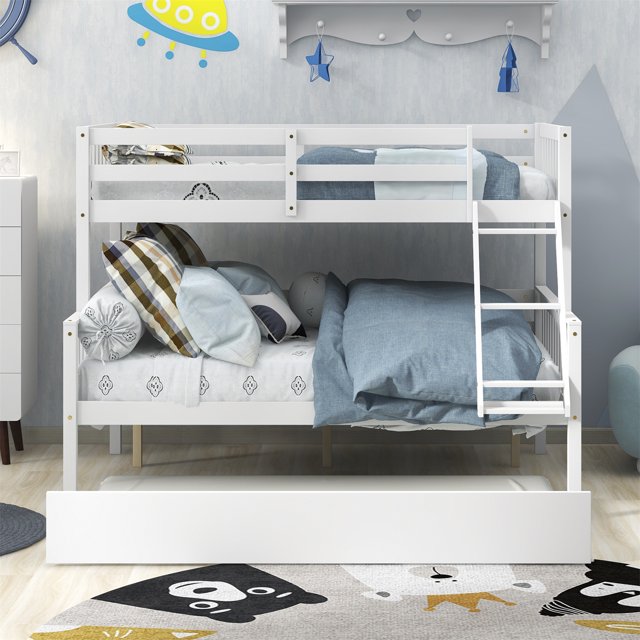 Twin Over Full Bunk Bed with Trundle, Solid Wood Low Bunk Bed Frame with Ladder and Safety Rails Convertible into 2 Separate Beds for Kids Boys Girls No Box Spring Needed, Easy Assembly, White