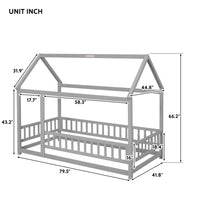 Twin Size Floor Wooden Bed with House Roof Frame, House Shape Platform Bed with Fence Guardrails, Twin Size House Shape Bed for Kids Teens, Gray