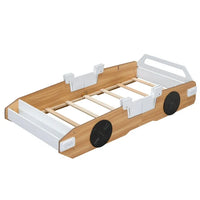 Twin Size Racing Car Shaped Bed,Wood Platform Bed Frame with Door Design and Storage for Kids Boys Girls,Natural+White+Black