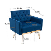 Velvet Single Sofa Chair, Mid-Century Button Tufted Upholstered Accent Living Room Chair with Golden Metal Legs, Comfy Armchair Leisure Lounge Chair with Wide Backrest and Armrest for Bedroom, Navy