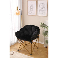 Saucer Chair, Soft Faux Fur Oversized Folding Accent Chair, Soft Furry Lounge Lazy Chair, X-Large Metal Frame Moon Chair for Bedroom, Living Room (Black)