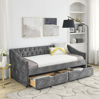 Twin Size Upholstered Tufted Sofa Bed with Drawers,Button on Back and Copper Nail on Waved Shape Arms,Trundle Bed,Modern Daybed for Kids, Teens and Adults, No Box Spring Needed,81.5“x41”x30.5“,Grey