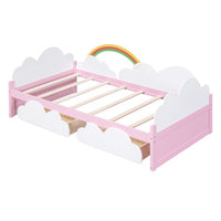 Twin Size Daybed with 2 Storage Drawers,Wood Platform Bed with Clouds and Rainbow Decor,Twin Bed Frame for Kids Girls Boys,White+Pink