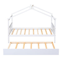 Twin Size House Bed Frame, Wood Platform Bed with Twin Size Trundle, Decorative Canopy Bed Top, Sturdy Frame Wood Legs Supprot, No Box Spring Needed, White