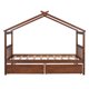 Twin Bed Frame with Storage for Kids, Wooden Montessori House Bed with 2 Drawers and Fence Headboard, Low Platform Bed Playhouse Bed with Roof for Boys Girls Bedroom, Walnut