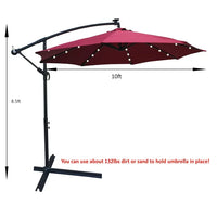 10 ft Outdoor Market Patio Beach Umbrella with Solar Powered LED Lighted and Cross Base, Offset Hanging Umbrella with Easy Tilt Adjustment and 8 Ribs for Backyard, Pool, Lawn and Garden, Burgundy