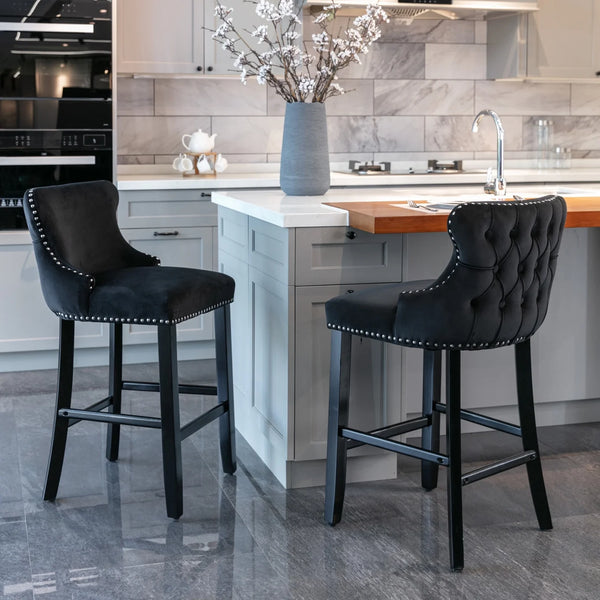 Set of 2 Contemporary Velvet Upholstered Wing-Back Barstools with Wooden Legs, Bar Chairs with Chrome Nailhead Trim and Button Tufted Decoration, Bar Stools for Kitchen Island Dining Room Pub, Black