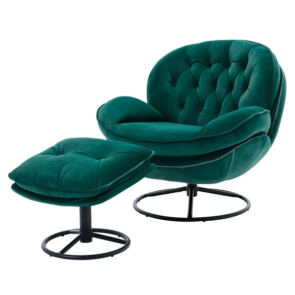 Velvet Swivel Accent Chair with Ottoman, Chaise Lounger Armchair TV Chair Lazy Sofa with Footstool & Metal Legs, Upholstered Lounge Sofa Chair for Bedroom Living Room, 360 Degree Swiveling, Green