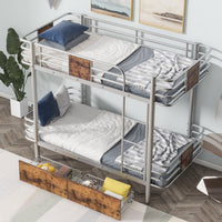 XL Twin Over Twin Metal Bunk Bed with MDF Board Guardrail and Two Storage Drawers, Heavy Duty Bunk Bed with Integrated Ladder and Full-Length Guardrails for Kids Teens and Adults, Silver