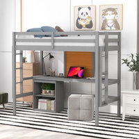 Loft Bed Twin Size, Wood Twin Loft Bed with Desk and 2 Drawers, Loft Bed Frame with stairway, Desk Under Bed for Teens/Girls/Boys/Adults, No Box Spring Needed (Gray)