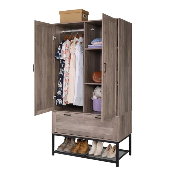 Wardrobe Armoire Closet with 2 Door, Freestanding Wardrobe Cabinet with Drawer & Hanging Rod, Bedroom Armoire Clothes Organizer, Grey(38" W x 20.5" D x 70.9" H)