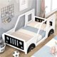 Twin Size Classic Car-Shaped Platform Bed with Wheels, Solid Wood Platform Bed Frame with Headboard and Footboard for Boys Girls Teens, White