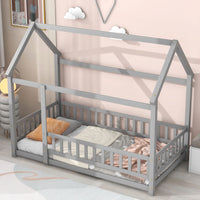 Twin Size Floor Wooden Bed with House Roof Frame, House Shape Platform Bed with Fence Guardrails, Twin Size House Shape Bed for Kids Teens, Gray