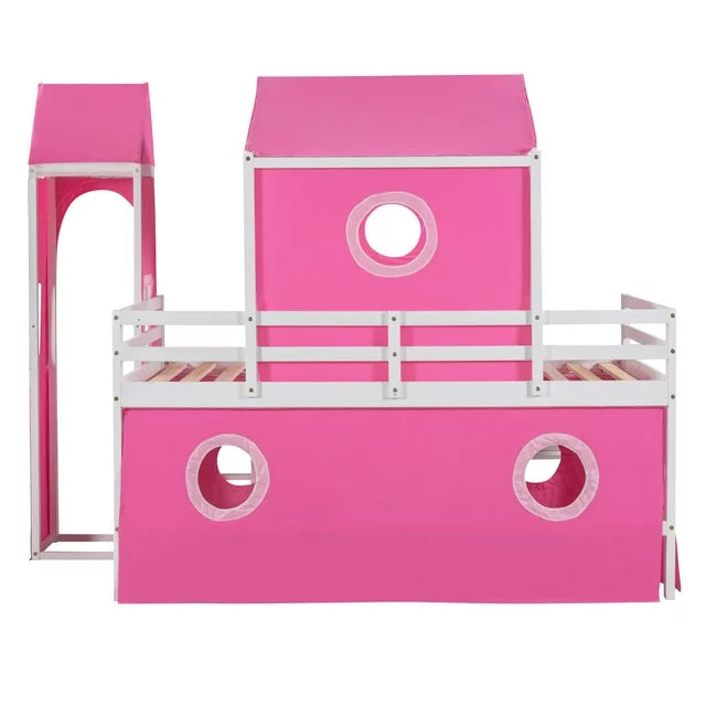 Twin Size Castle Shaped Floor Bunk Bed, House Bunk Bed with Slide Tent and Roof, Wood Loft Bed with Curtains and Tower for Kids Girls Boys Teens Bedroom