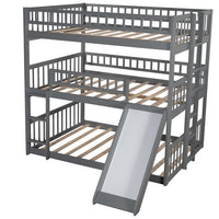 Triple Full Over Full Over Full Bunk Bed with Slide, Built-in Ladder and Safety Guardrail, Convertible Triple Beds for Kids Teens Adults, Gray, 78.7" L x 57.9" W x 76.5" H