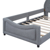 Twin Size Upholstered Daybed, Cute Teddy Fleece Sofa Bed with OX Horn Shaped Headboard, Wooden Platform Bed Frame for Teens Adults, No Box Spring Needed, Gray